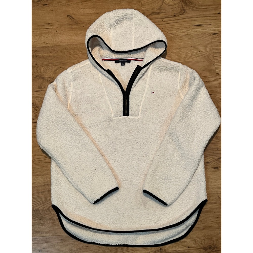 Tommy Hilfiger Qtr Zip Hoodie Womens Medium White Sherpa Fleece Pullover Cozy - Picture 2 of 9